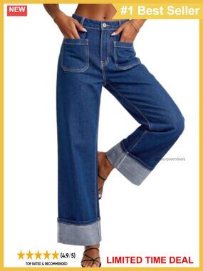 High Waisted Wide Leg Jeans Stretch Denim Cuffed Hem